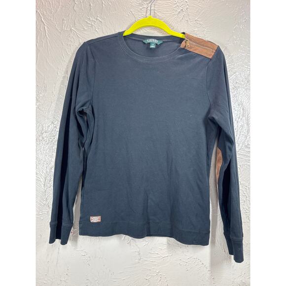 Ralph Lauren Womens Black Long Sleeve Leather Elbow Pad Zip Shoulder Top Size L - Picture 1 of 5